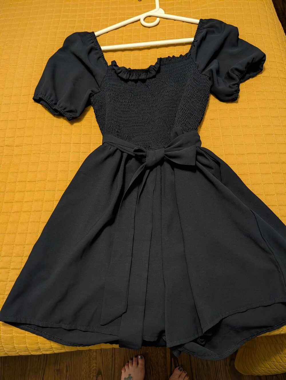 Amazon Navy Puff Sleeve Smocked Waist Fit-and-Flare Dress
